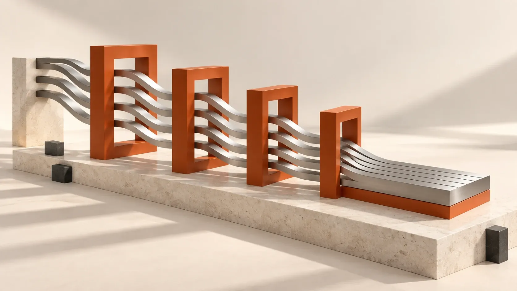 Silver ribbons moving through orange architectural supports
