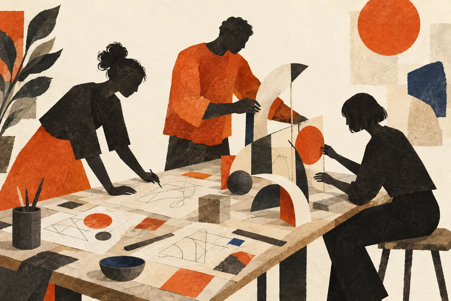 Editorial collage of three people turning paper sketches into a shared structure.