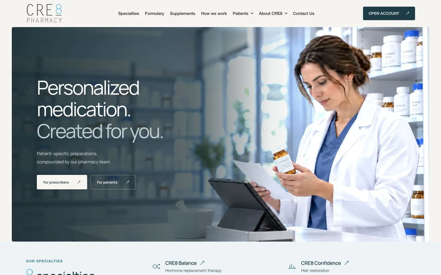 CRE8 Pharmacy desktop homepage design