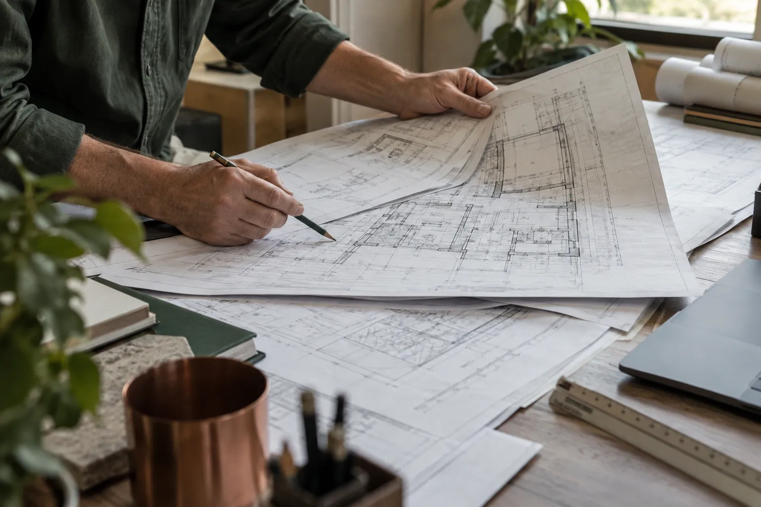 Illustrative scene: an estimator reviews technical drawings and notes at a working desk