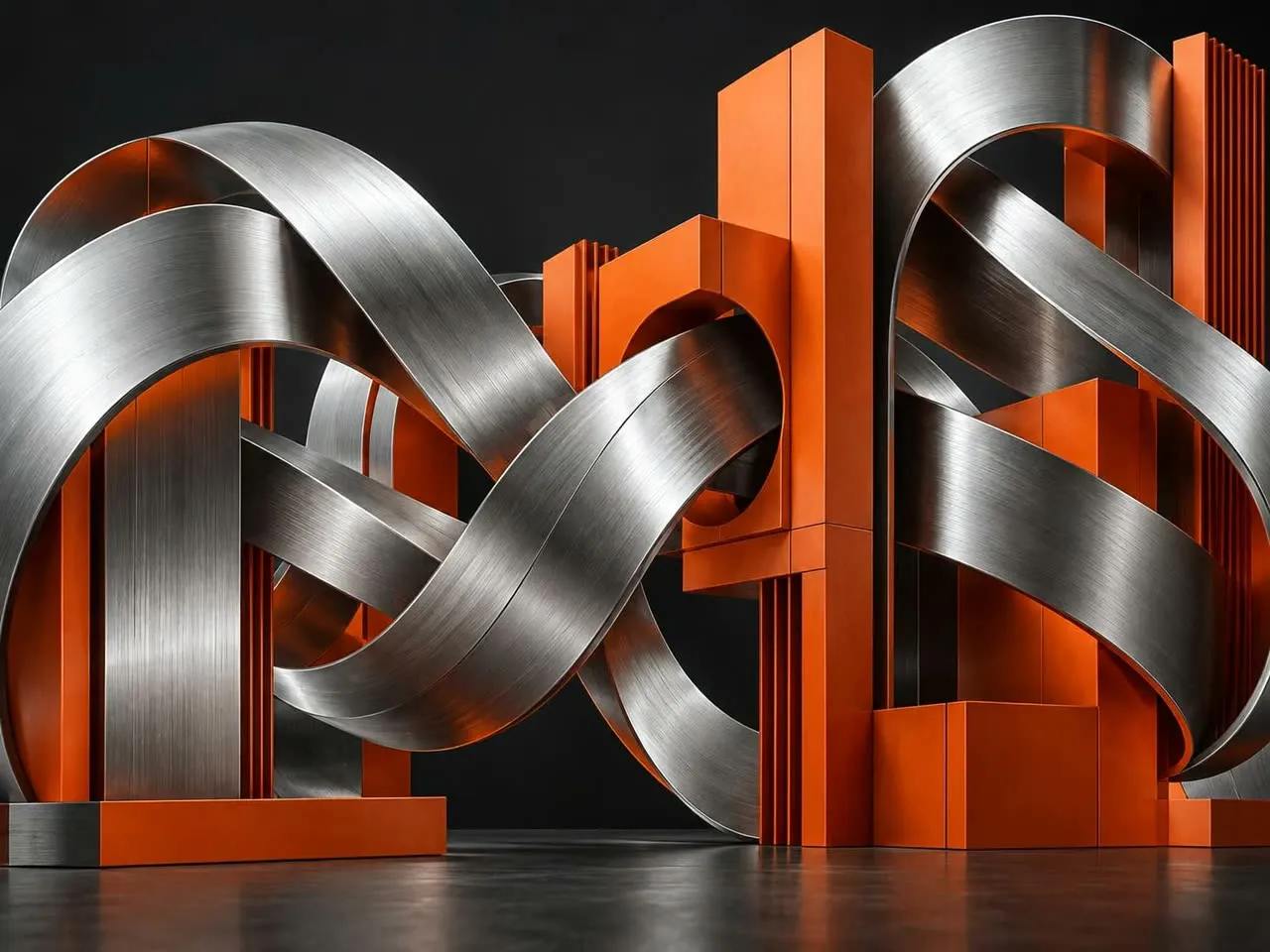 Silver ribbons held in alignment by orange architectural supports