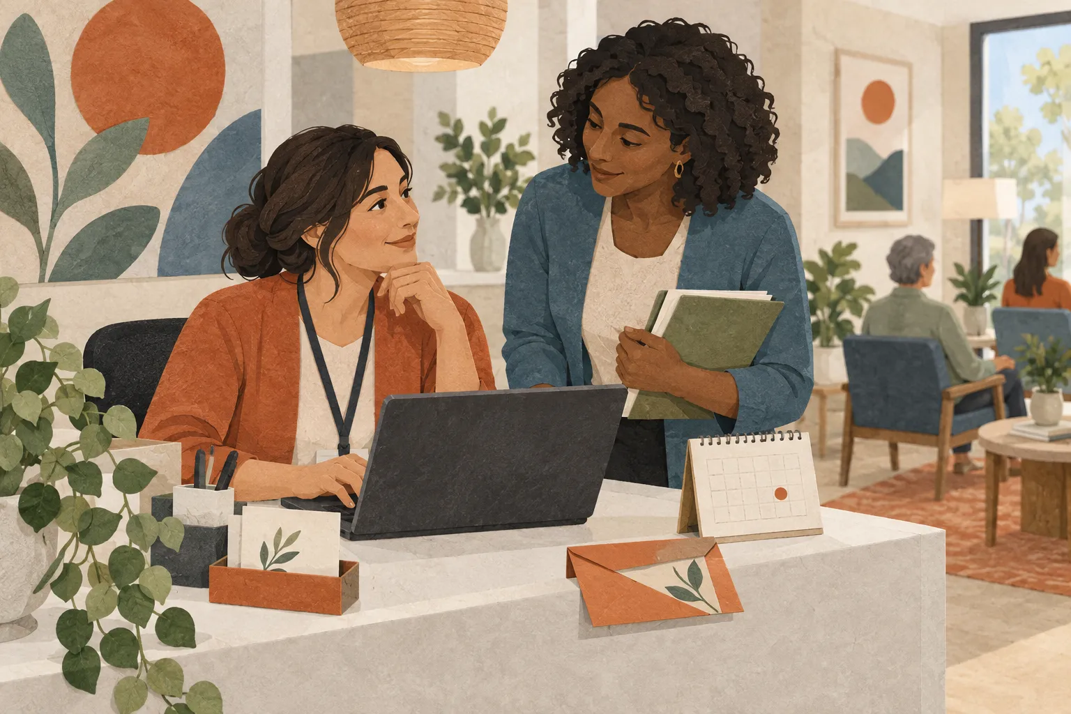 Editorial illustration of a clinic team coordinating enquiries and appointments.