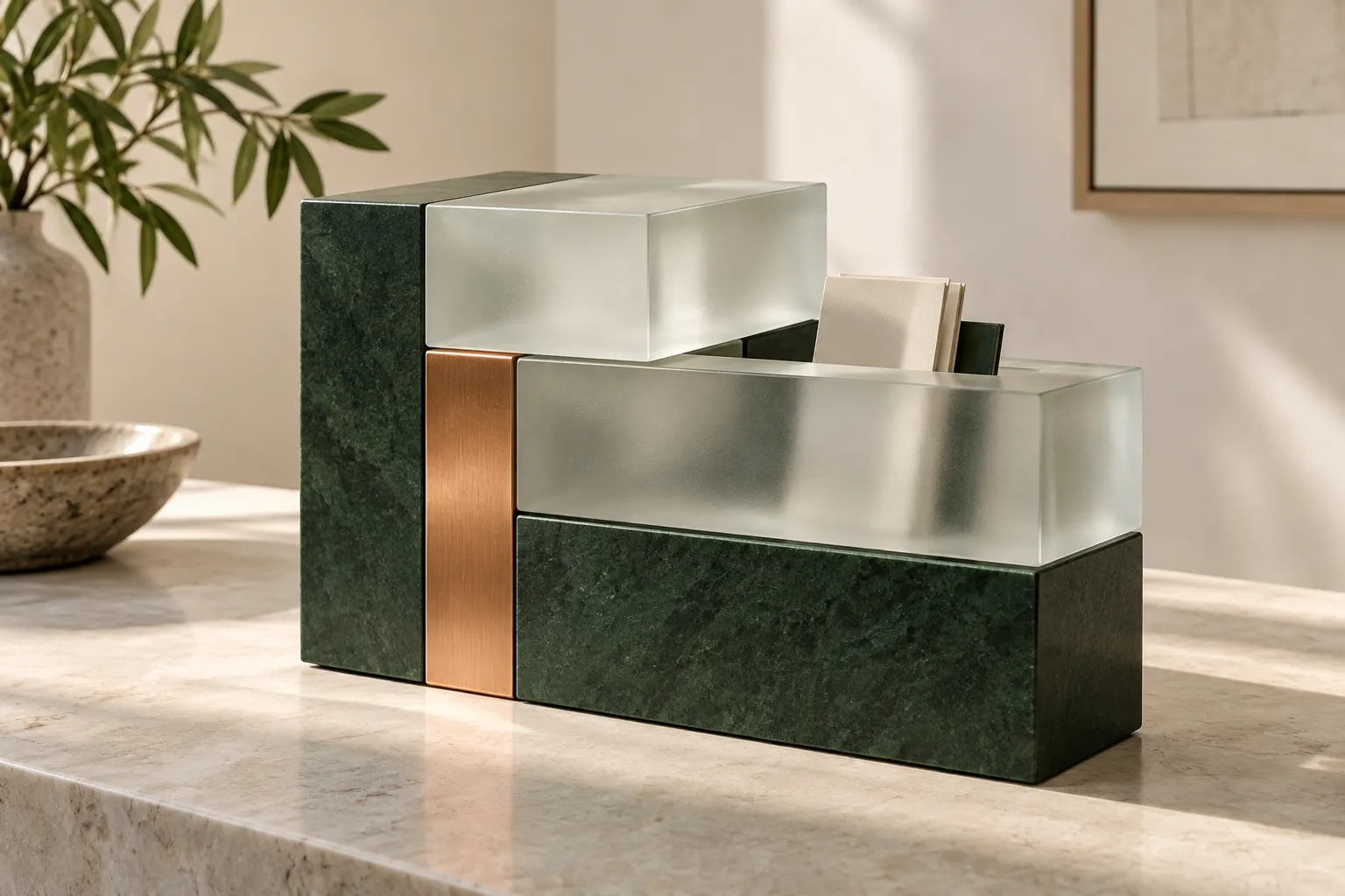 Editorial illustration of glass, green stone, and copper modules fitted into one object