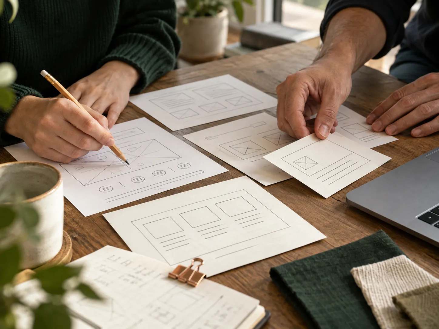 Illustrative workshop: collaborators arrange paper interface sketches and discuss the product