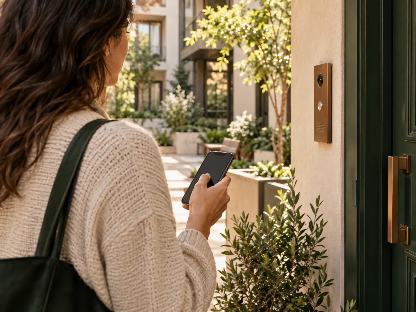 Illustrative scene of a resident holding a phone beside an apartment entrance