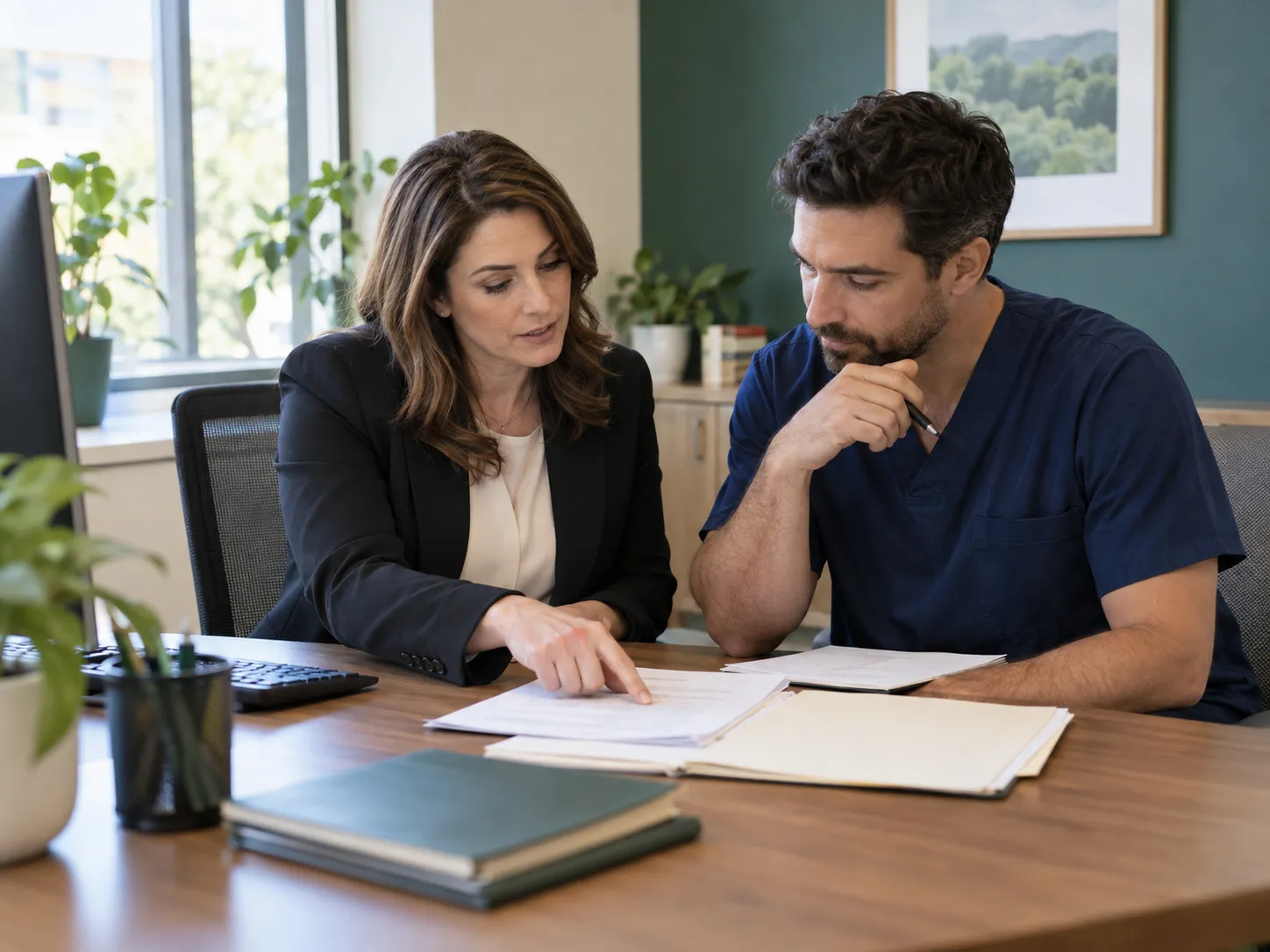 Illustrative practice administrator and clinician reviewing paperwork together