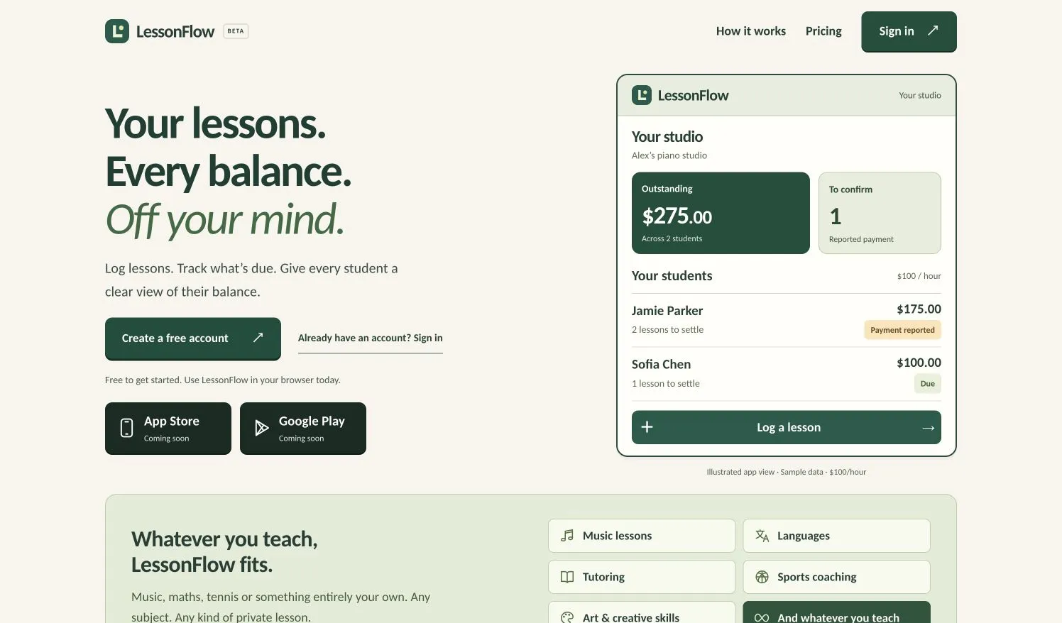 LessonFlow website with a sample instructor dashboard